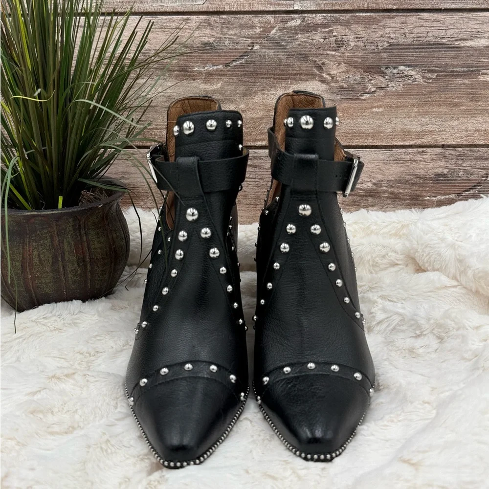 Antonio Melani Black Leather Block Heel Studded Ankle Boots with Buckle closure - Picture 4 of 16